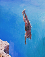 Male figure suspended in air after jumping from cliff